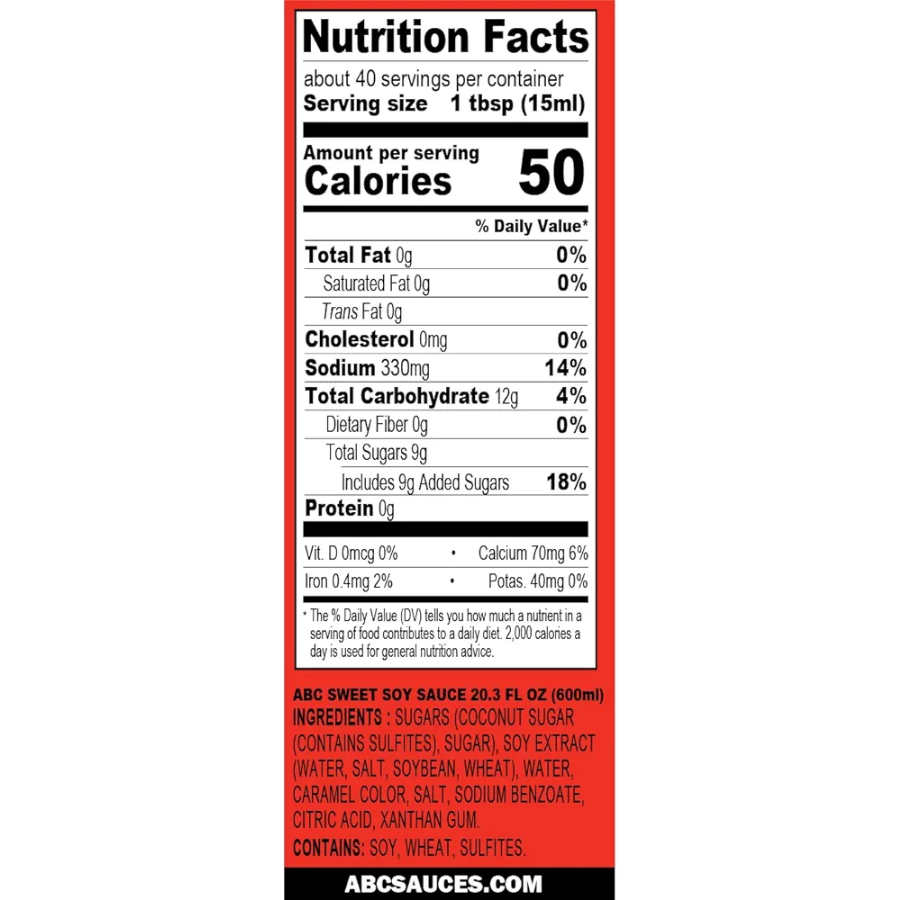 Nutrition facts label for a product with ABC Sauces branding.