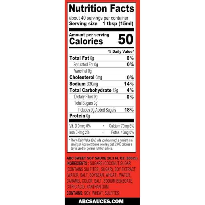 Nutrition facts label for a product with ABC Sauces branding.