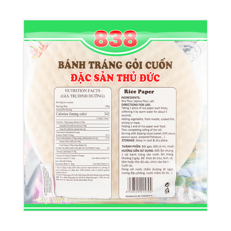 838 rice paper package with text and nutrition facts on a green border