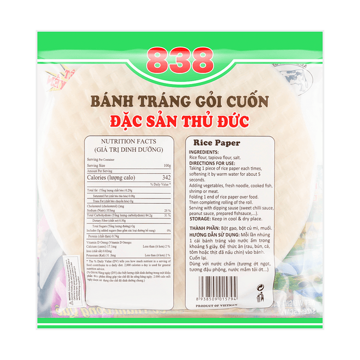 838 rice paper package with text and nutrition facts on a green border