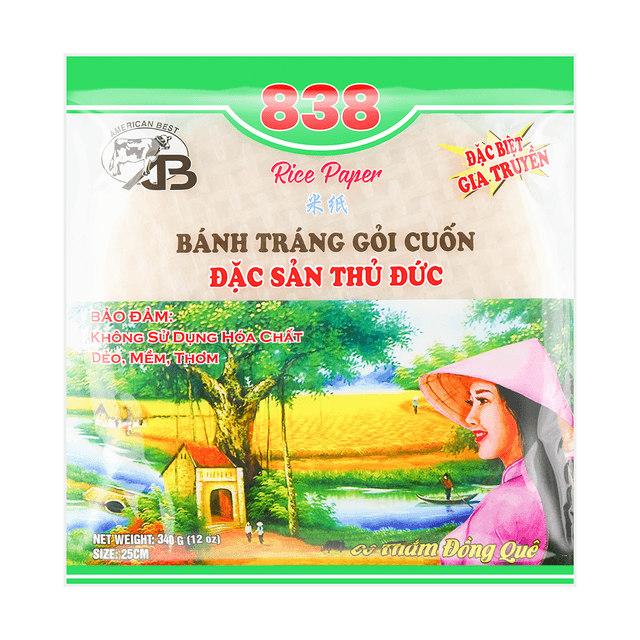 Rice paper packaging with a scenic illustration and text on a blue background