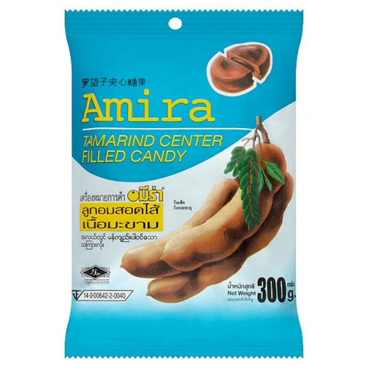 Amira tamarind center filled candy packaging with blue and white design