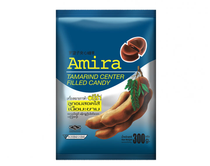 Amira tamarind center filled candy package on a white background