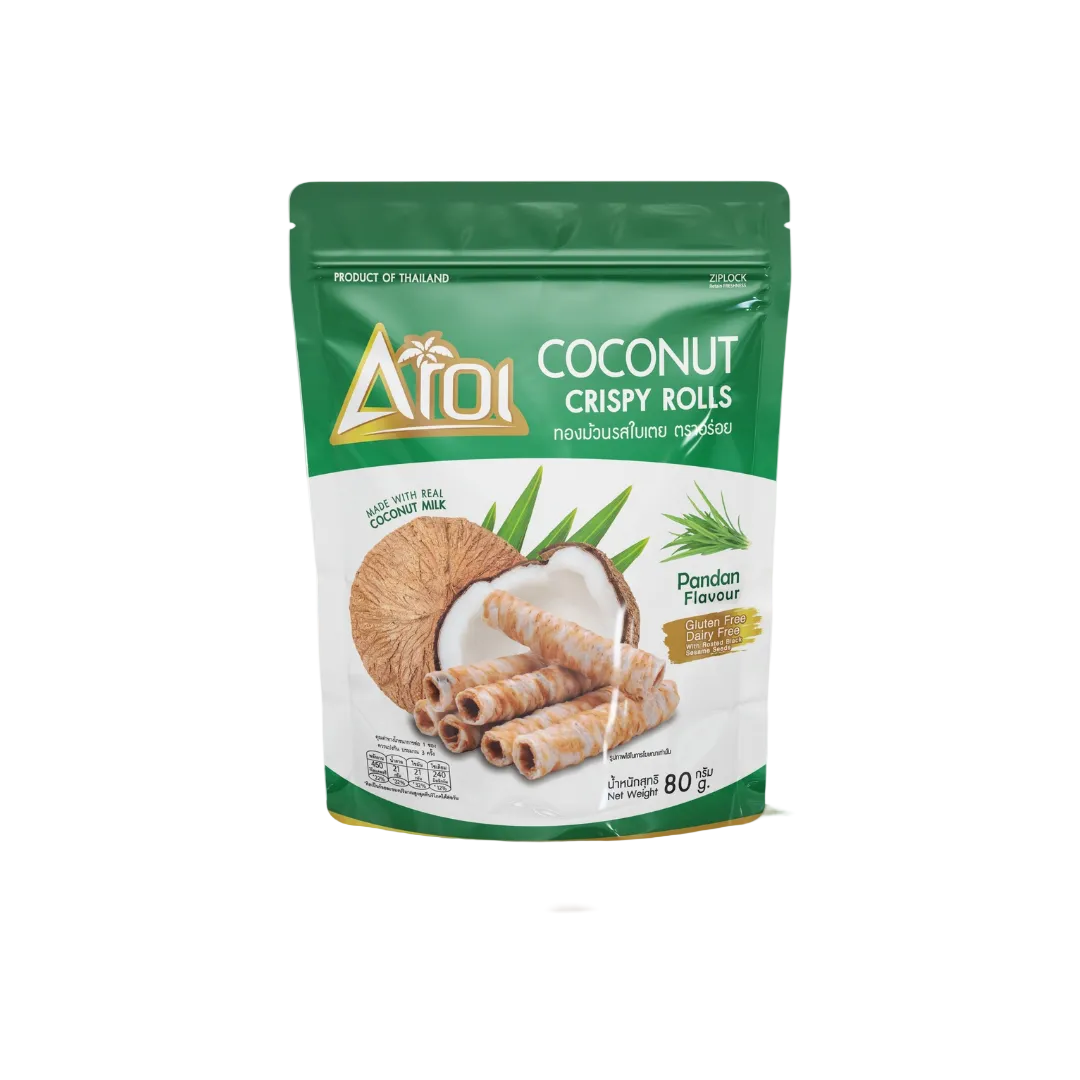 Packaging of Aroi coconut crispy rolls on a white background
