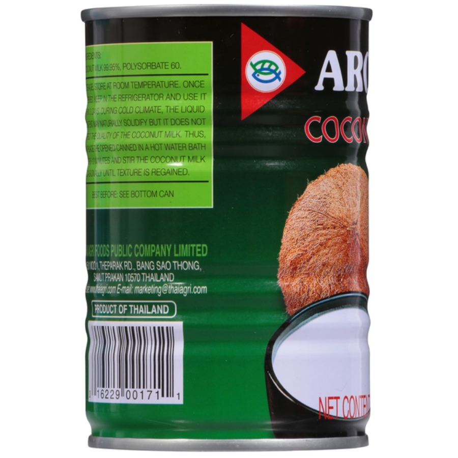 Can of Aroy-D coconut with green label and red triangle logo on a white background