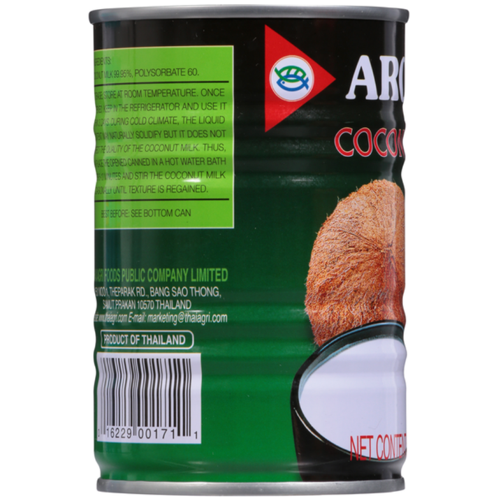 Can of Aroy-D coconut with green label and red triangle logo on a white background