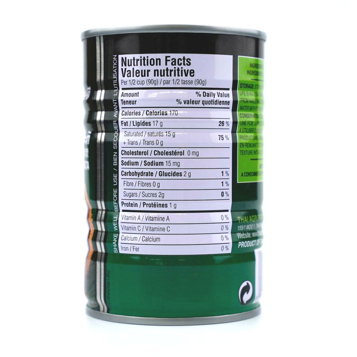 Green can with nutrition facts label on a white background
