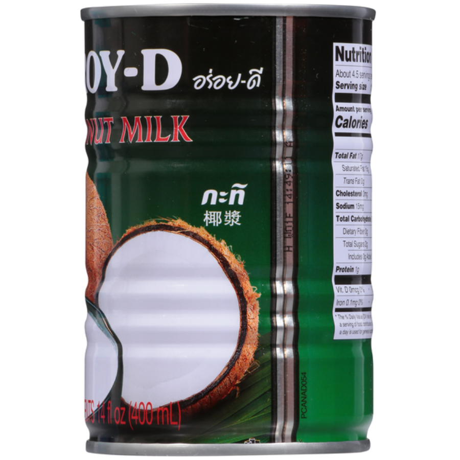 Can of Aroy-D coconut milk with a coconut illustration on a white background