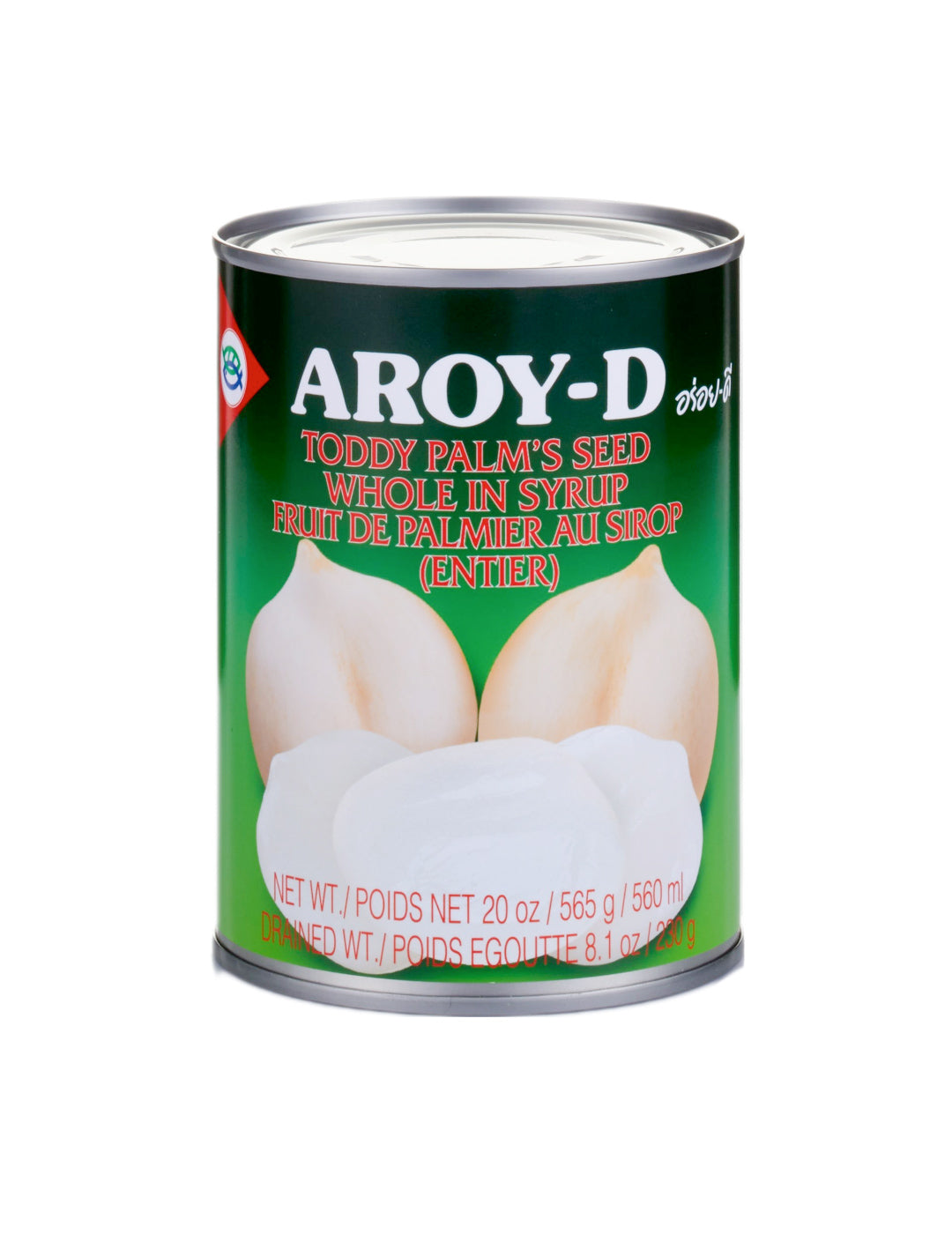 Aroy-D can of toddy palm's seed whole in syrup on a white background