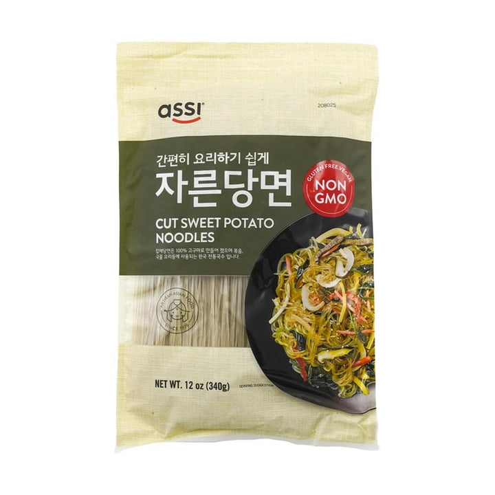 Package of assi cut sweet potato noodles with a white background