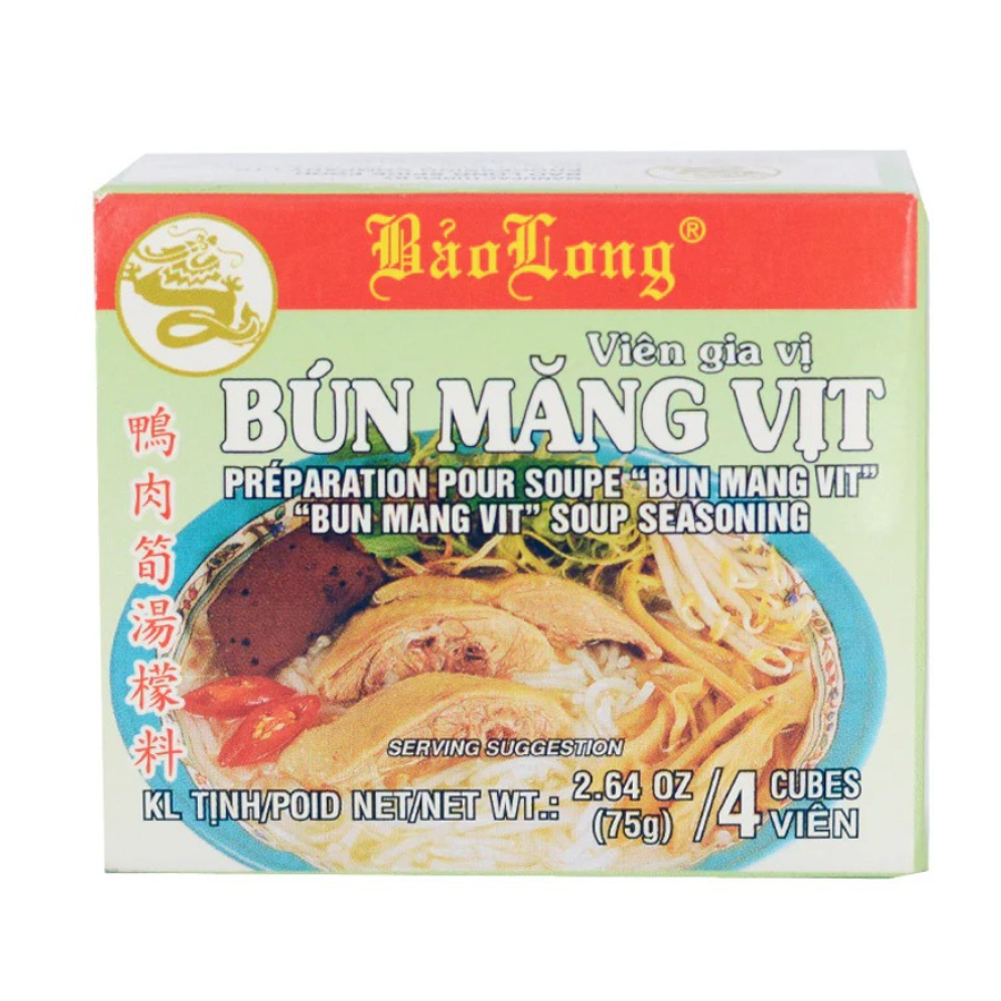 Packaging of Bao Long Bun Mang Vit soup seasoning, showing the product name and an image of a bowl of soup. The package is green and white with Vietnamese text and an English translation.