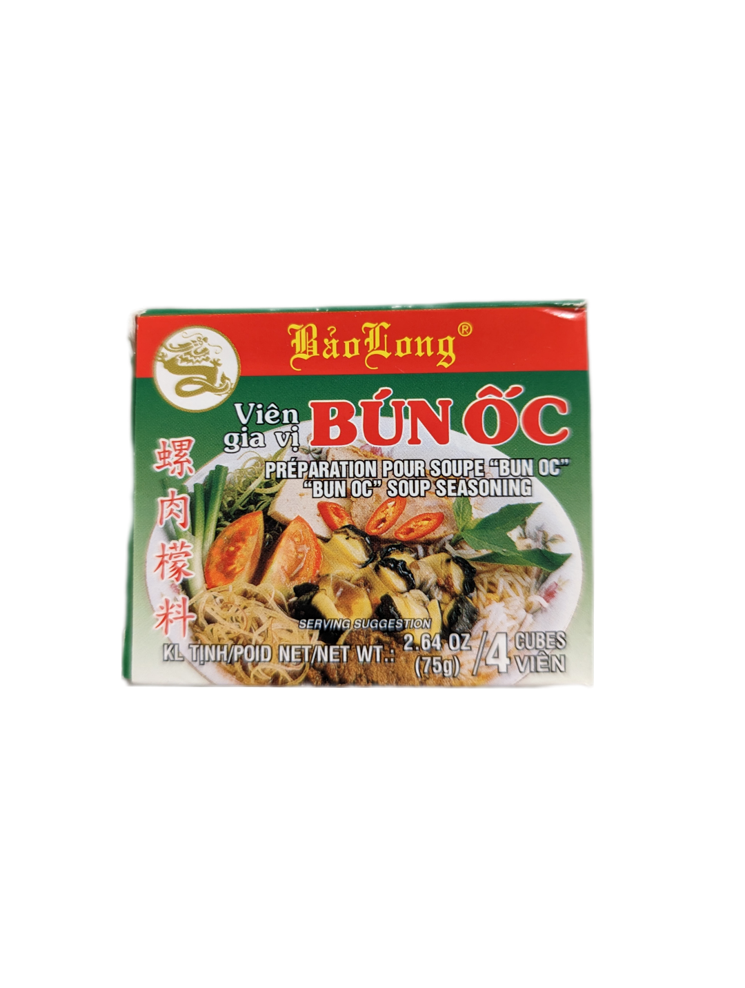 Packaging of Bao Long Vien Gia Vi Bun Oc Soup Seasoning, featuring product name and an image of the soup.