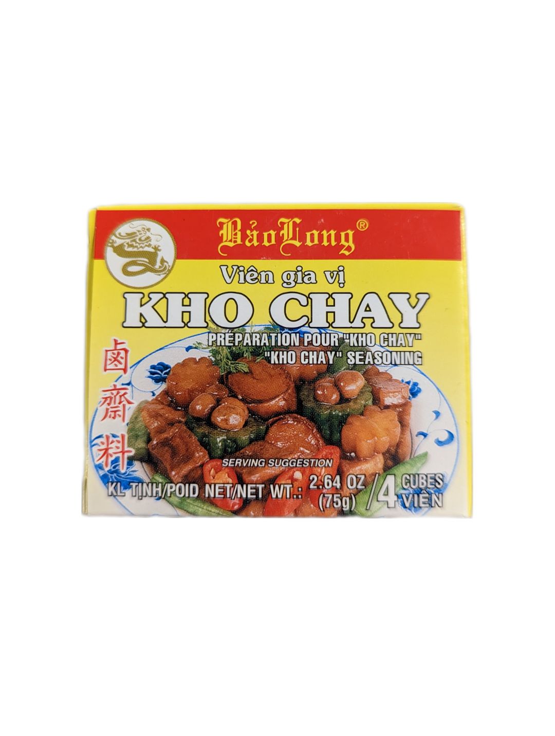 Packaging of Bao Long Vien Gia Vi Kho Chay Seasoning, featuring the product name and an image of food on the cover.