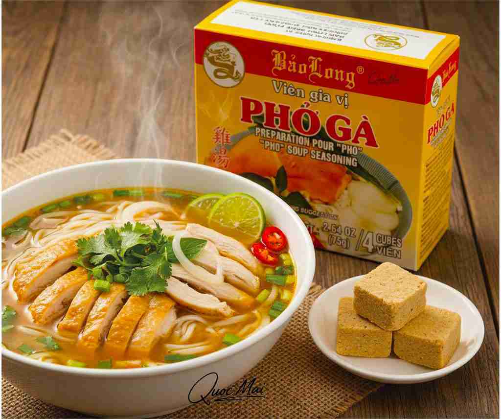 Bowl of Pho Ga with Bibo Long seasoning packet on a wooden table