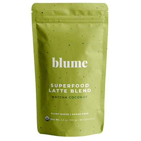 Green package of blume Superfood Latte Blend on a white background