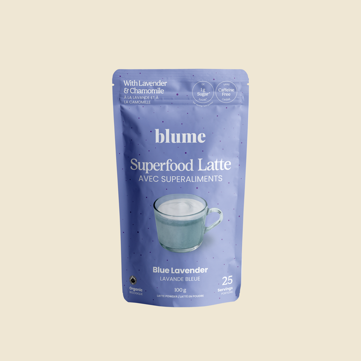 Blume Superfood Latte package with blue design on a beige background
