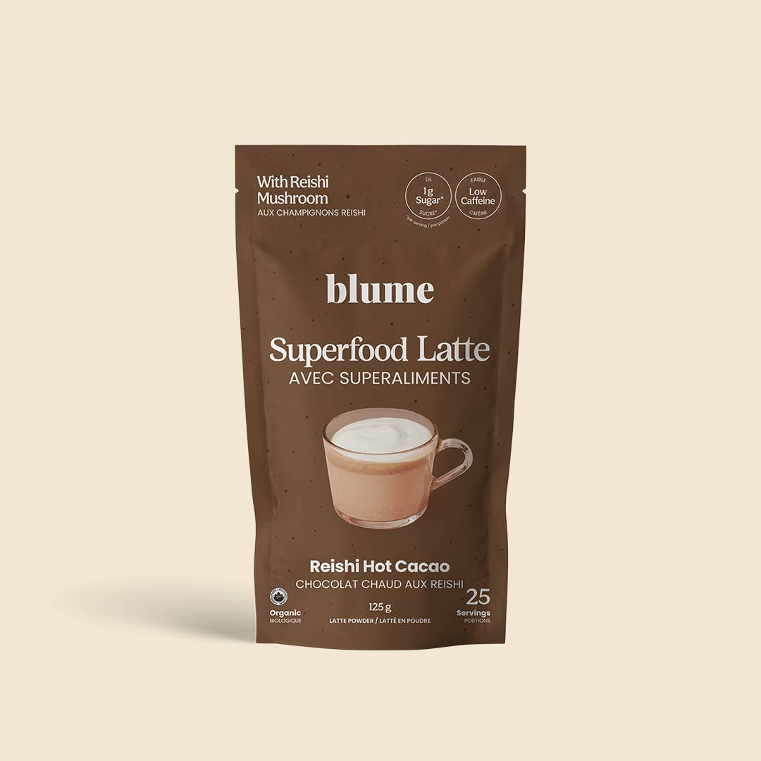 Blume Superfood Latte package on a beige background