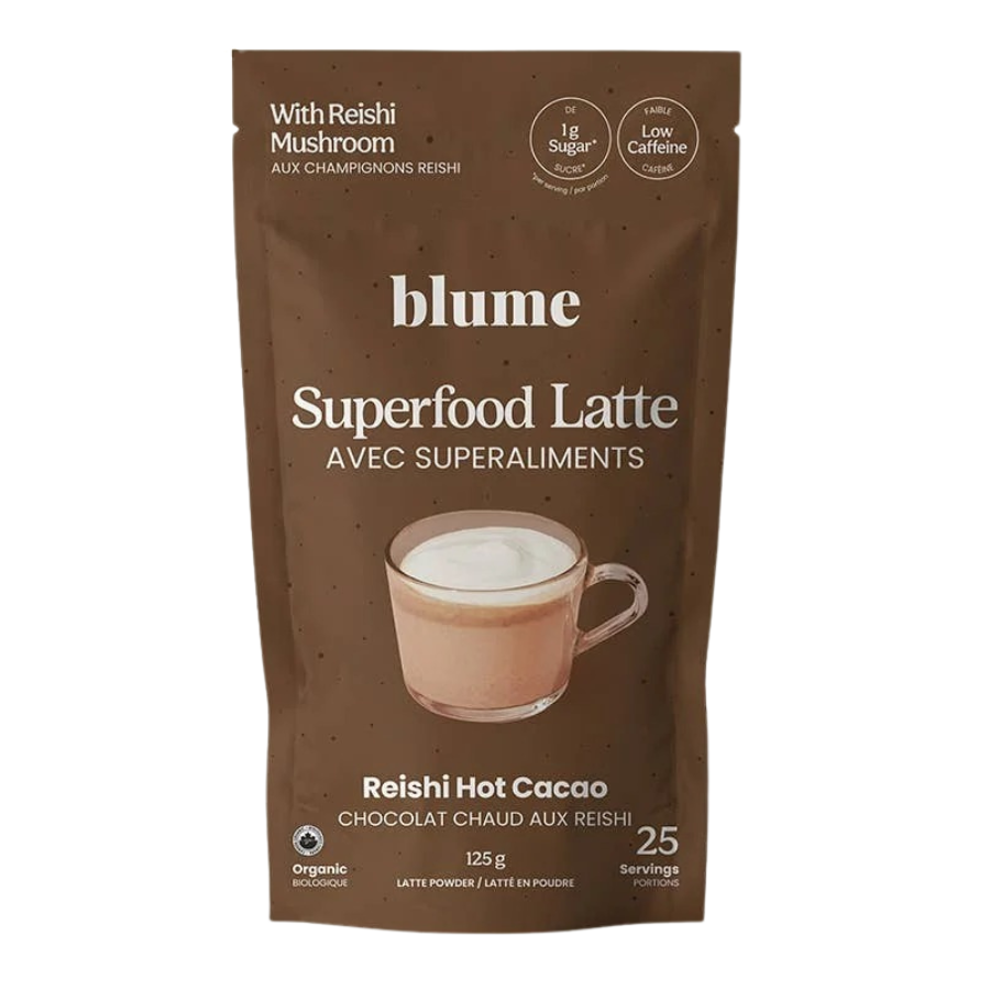 A 120g stand-up pouch of Blume Superfood Latte Reishi Hot Cacao, featuring a brown design with a cup of latte printed on the front, set against a plain white background.