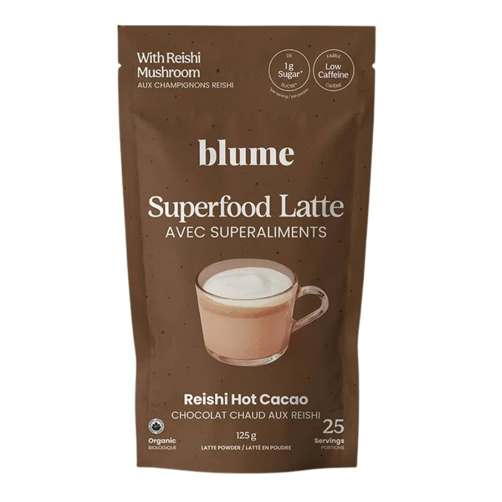 A 120g stand-up pouch of Blume Superfood Latte Reishi Hot Cacao, featuring a brown design with a cup of latte printed on the front, set against a plain white background.