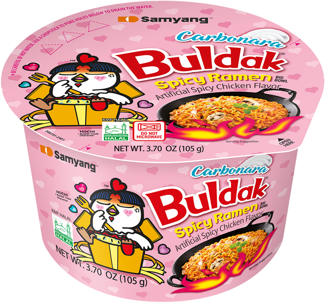 Pink container of Samyang Carbonara Buldak Spicy Ramen with cartoon characters on a white background