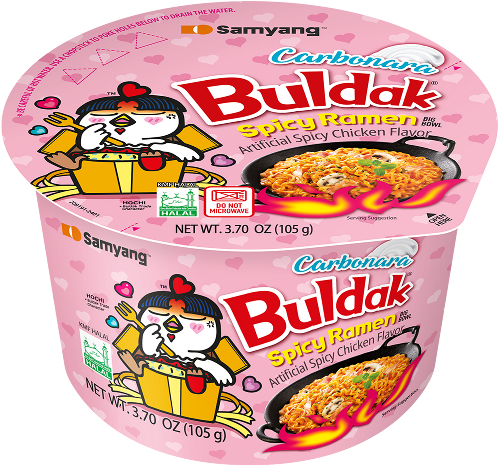 Pink container of Samyang Carbonara Buldak Spicy Ramen with cartoon characters on a white background