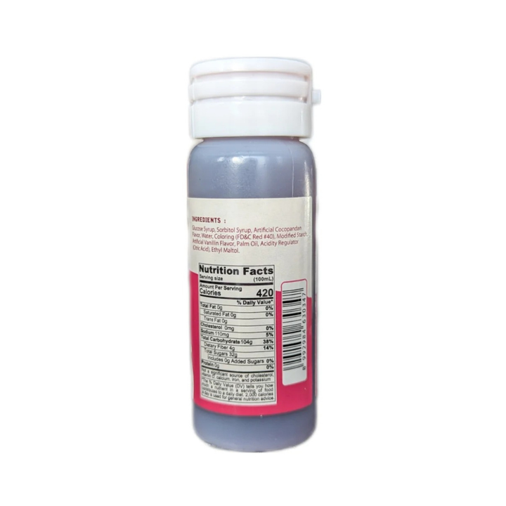 A bottle of liquid flavoring with a white cap, showing the back label with nutrition facts and a pink accent stripe, on a white background.