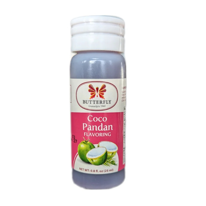 A bottle of Butterfly Coco Pandan Flavoring, featuring a white cap and a label with pink and white sections, coconut illustrations, and a butterfly logo.