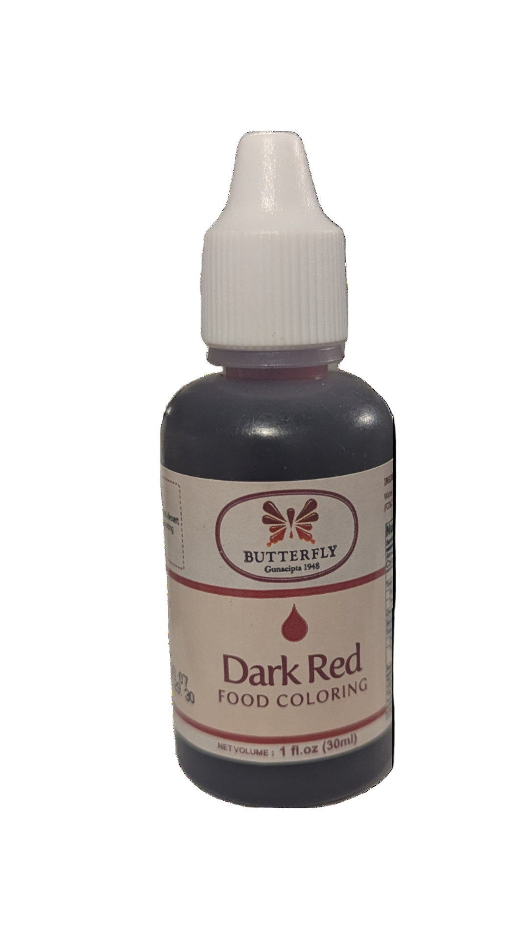 Plastic bottle of dark red food coloring with a white cap on a white background