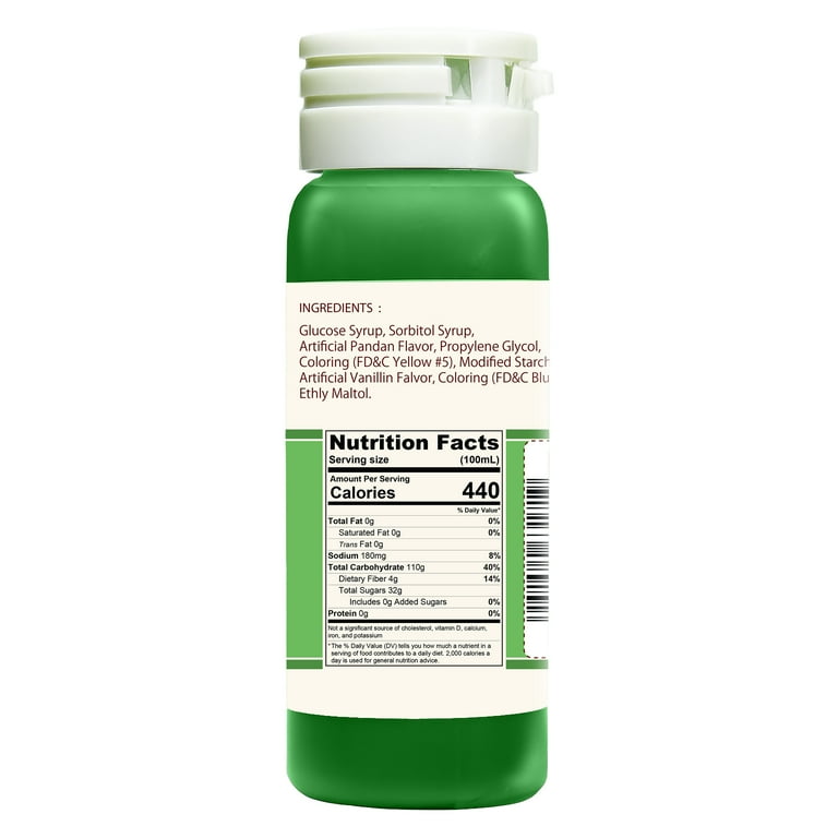 Green bottle with nutrition facts label on a white background