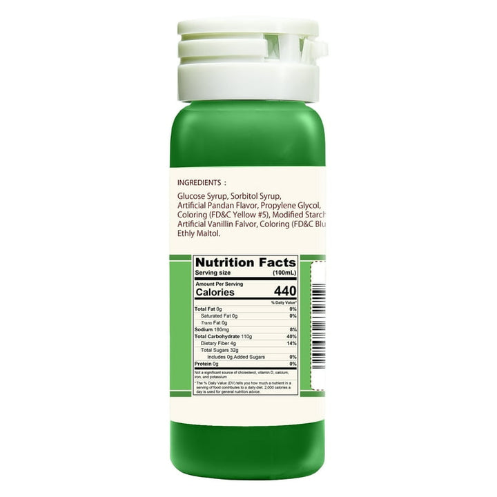 Green bottle with nutrition facts label on a white background
