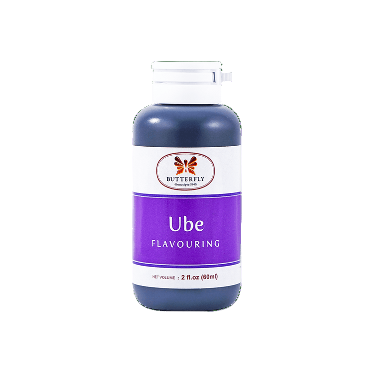 Plastic bottle of Ube flavouring with Butterfly brand logo on purple and white label