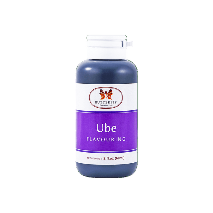 Plastic bottle of Ube flavouring with Butterfly brand logo on purple and white label