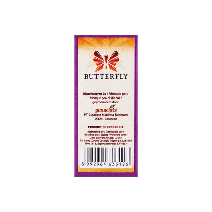 Butterfly brand label with product details on a solid background