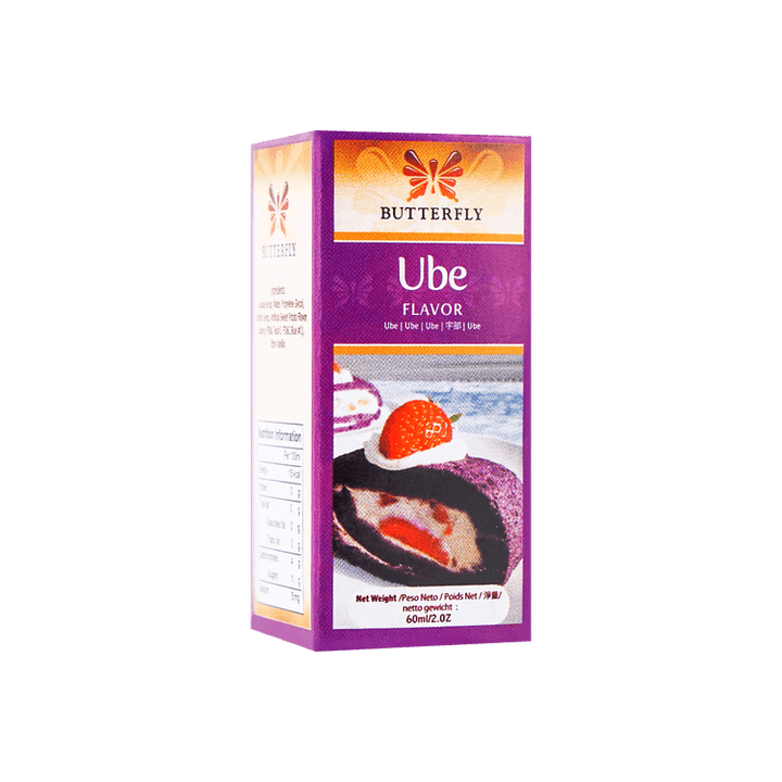 Butterfly Ube flavor product packaging on a dark gray background