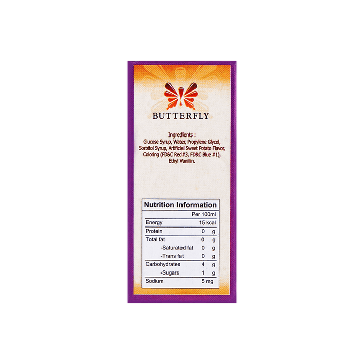 Butterfly brand product label with ingredients and nutrition information on a solid background