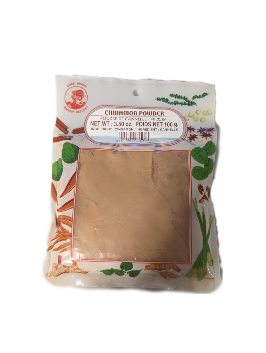 Packaged Cinnamon Powder in a clear plastic pouch with a white and red label, indicating the product weight of 3.5 oz (100 grams) and the brand &