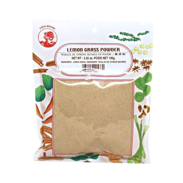 Package of lemon grass powder with brand logo and botanical illustrations on a white background