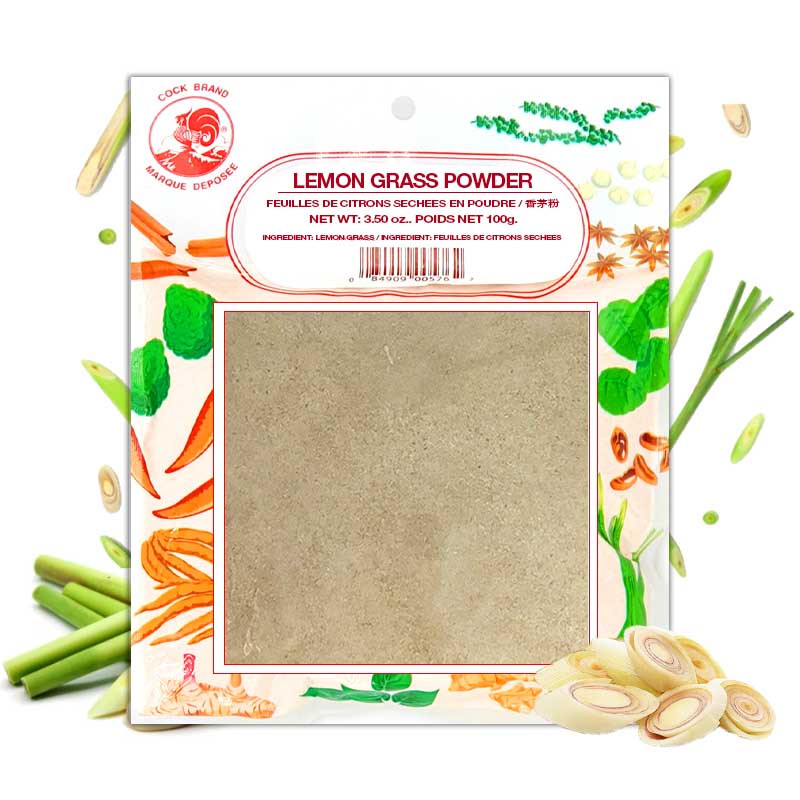 Package of lemon grass powder with illustrations of lemon grass and other herbs on a white background
