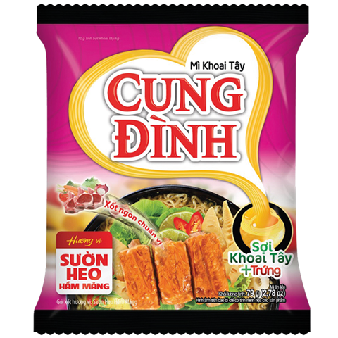 Cung Dinh noodles packaging with noodles and meat on a white background