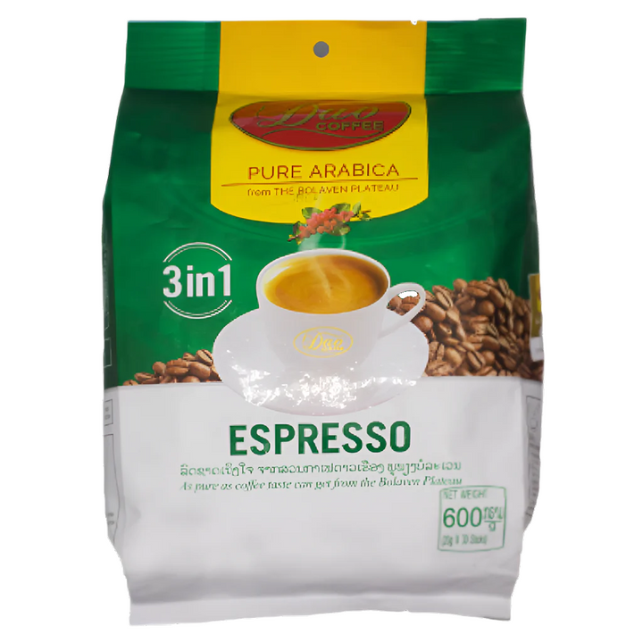 3 in 1 Espresso coffee package with green and yellow design on a white background