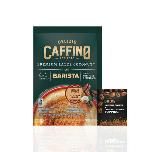 A package of Delizio Caffino Premium Latte Coconut instant coffee, featuring a dark green pouch with gold lettering and a smaller packet of coconut sugar topping beside it, on a white background with a faint reflection.