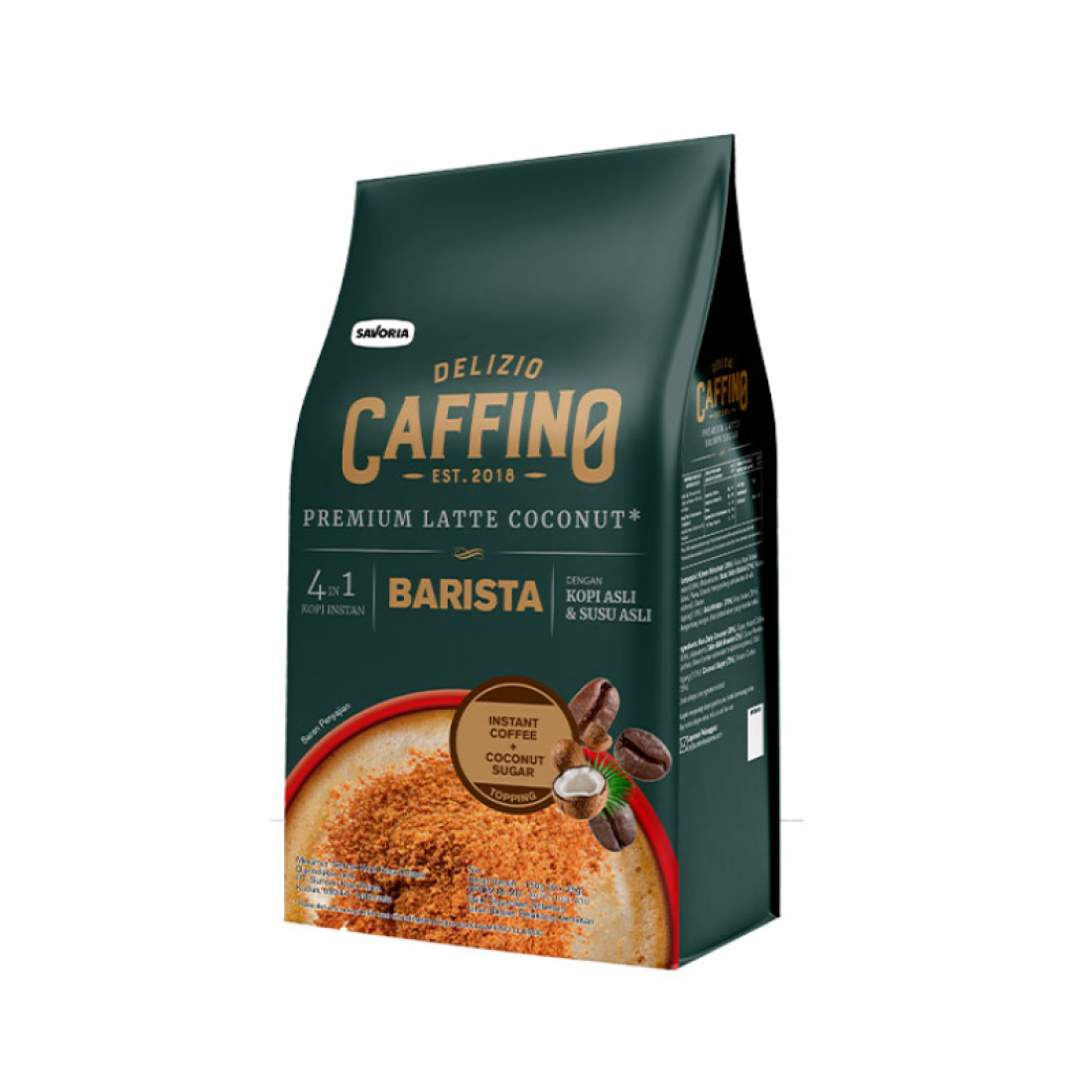 A bag of Delizio Caffino Barista Premium Latte Coconut instant coffee, featuring a dark green packaging with gold and white text and a graphic of a coffee cup at the bottom.