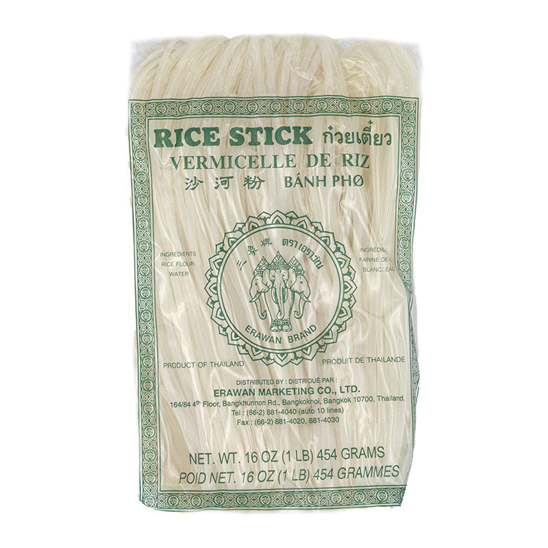 Packaged rice stick vermicelli with green label on a white background