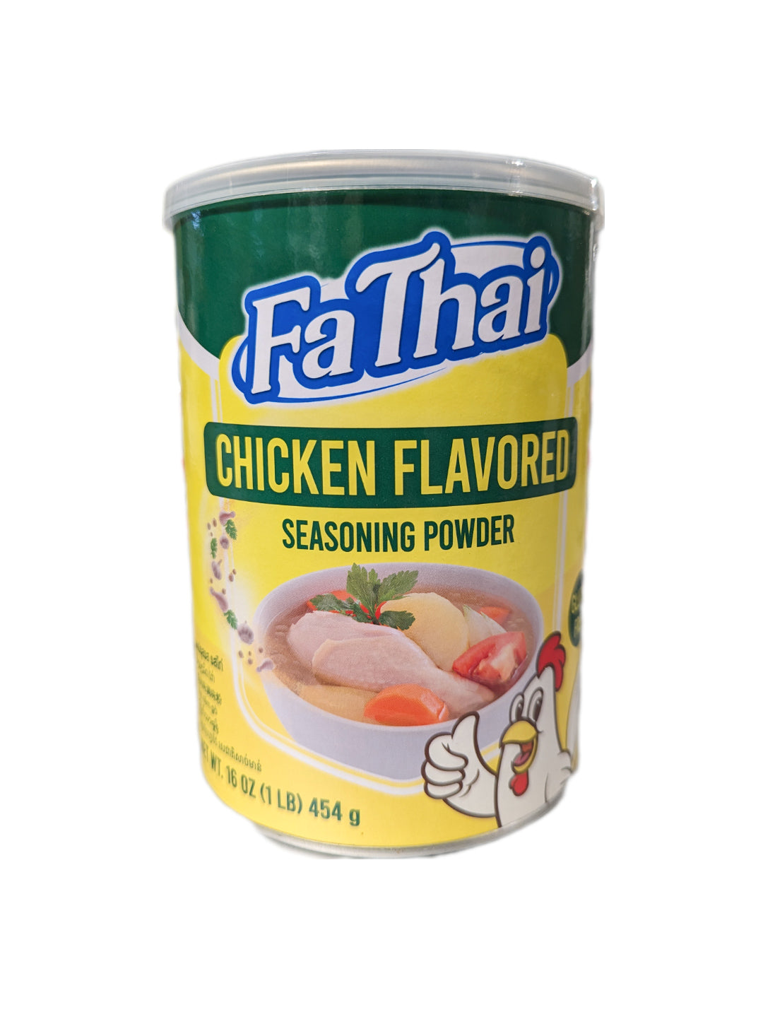 A can of Fathai Chicken Flavored Seasoning Powder, with an image of the product on the label.