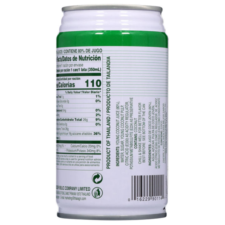 Back view of a can with nutritional information and product details on a white background