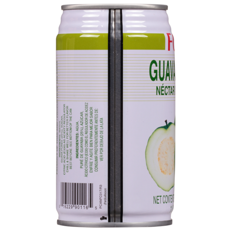 Can of Foco Guava Nectar with green label and guava illustration on a white background