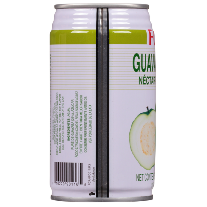 Can of Foco Guava Nectar with green label and guava illustration on a white background