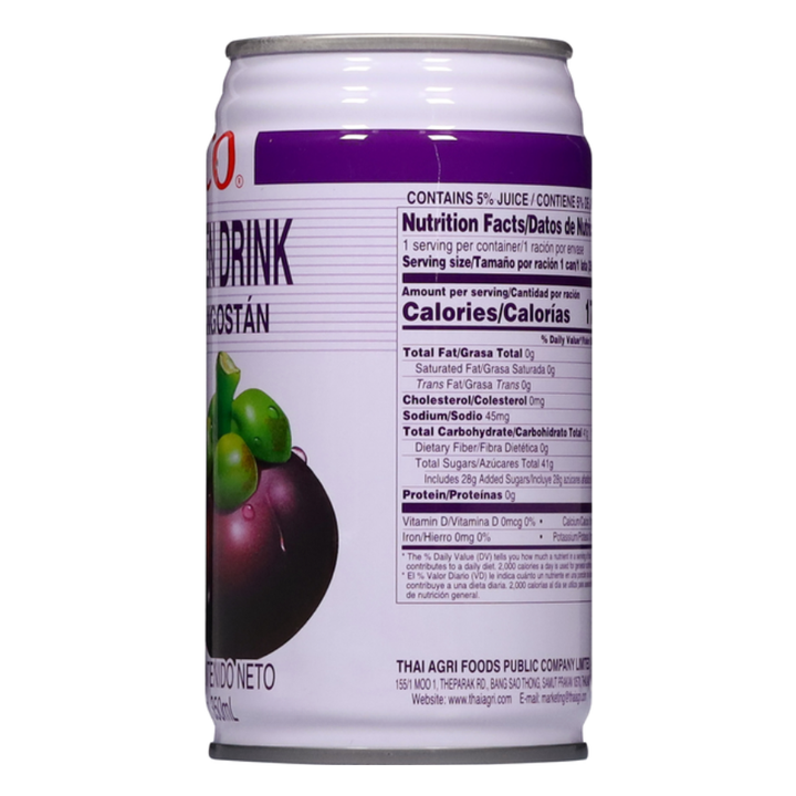 Can of mangosteen juice drink with nutrition label on a white background