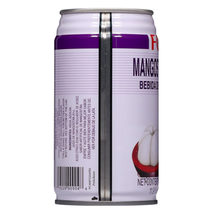 Mangosteen juice can with purple label on a white background