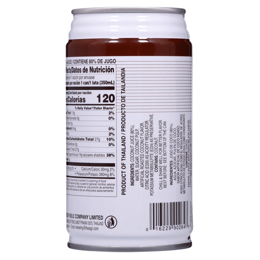 Back view of a can with nutritional information and product details on a white background